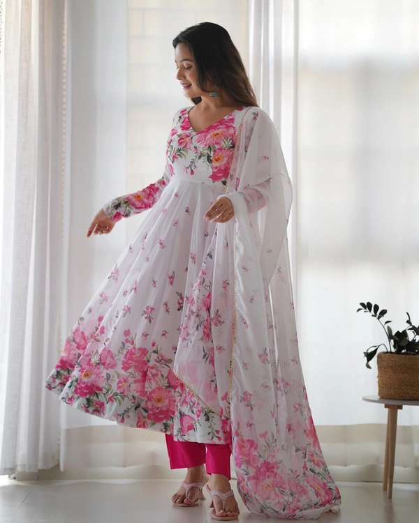 Azorte Fashion Organza Silk Anarkali Gown – 4m Flair, Dupatta & Pant – Ready to Wear - XXL (44)