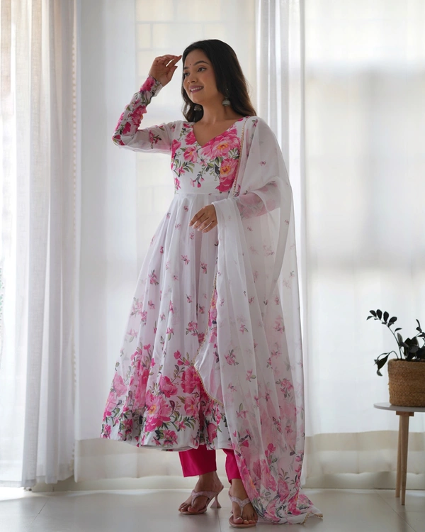 Azorte Fashion Organza Silk Anarkali Gown – 4m Flair, Dupatta & Pant – Ready to Wear - XXL (44)