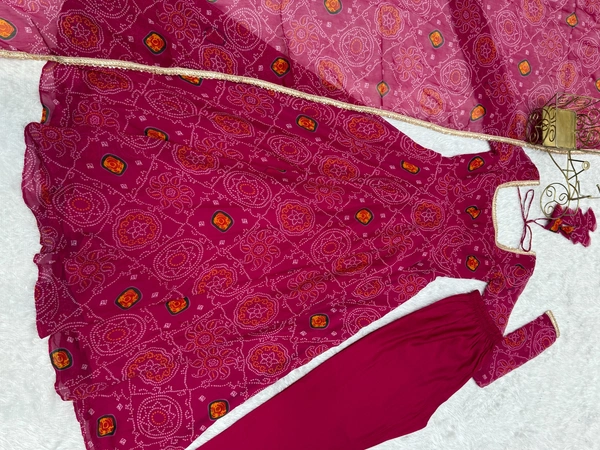 Azorte Fashion Designer Chiffon Bandhej Anarkali Set – 8m Flair, Lace Yoke & Churidar Sleeves - Brick Red, M (38)