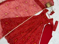 Azorte Fashion Designer Chiffon Bandhej Anarkali Set – 8m Flair, Lace Yoke & Churidar Sleeves - Milano Red, XS (34)