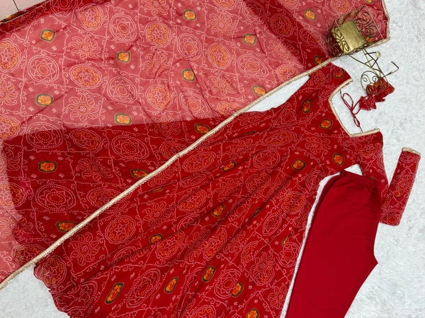 Azorte Fashion Designer Chiffon Bandhej Anarkali Set – 8m Flair, Lace Yoke & Churidar Sleeves - Milano Red, XS (34)