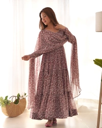 Azorte Fashion Buy Fox Georgette Anarkali Set with Dupatta & Pants – Fully Flared, Elegant & Ready to Wear - XL (42)