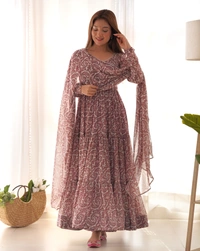 Azorte Fashion Buy Fox Georgette Anarkali Set with Dupatta & Pants – Fully Flared, Elegant & Ready to Wear - XL (42)