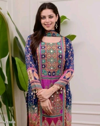 Azorte Fashion Ivory Pakistani Suit with Digital Prints & Sequin Embroidery  - XXXL (46)