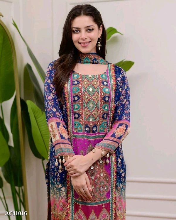 Azorte Fashion Ivory Pakistani Suit with Digital Prints & Sequin Embroidery  - XXXL (46)