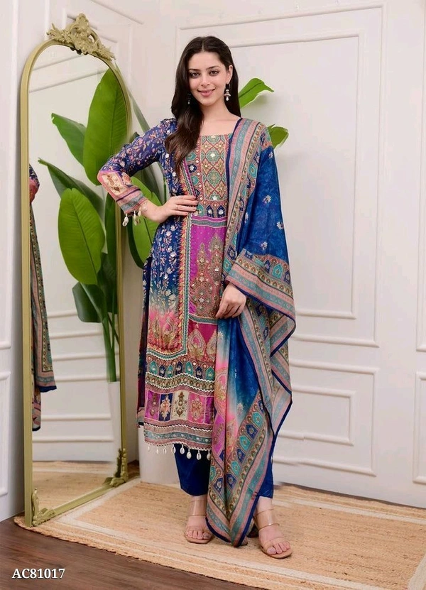 Azorte Fashion Ivory Pakistani Suit with Digital Prints & Sequin Embroidery  - XXXL (46)