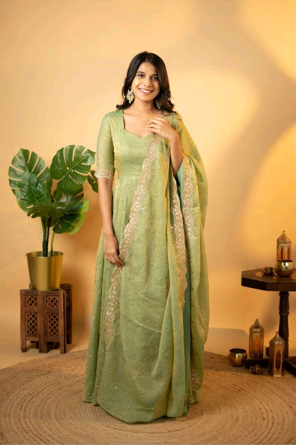 Azorte Fashion Elegant Soft Chinnon Embroidered Gown with Pant & Dupatta – Fully Stitched - Mint Green, M