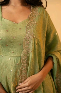 Azorte Fashion Elegant Soft Chinnon Embroidered Gown with Pant & Dupatta – Fully Stitched - Mint Green, M
