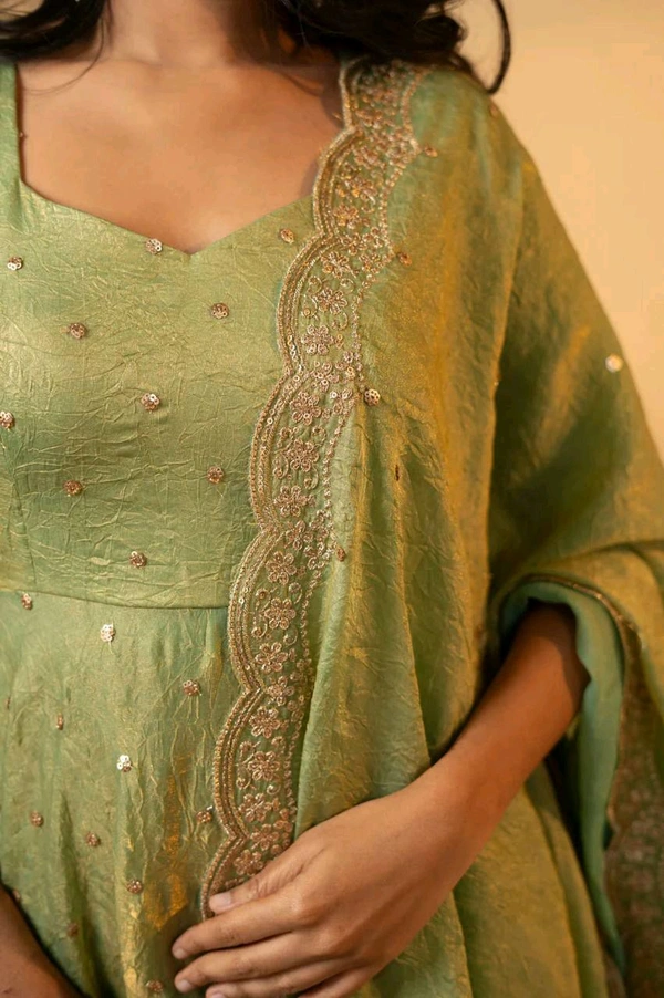 Azorte Fashion Elegant Soft Chinnon Embroidered Gown with Pant & Dupatta – Fully Stitched - Mint Green, M