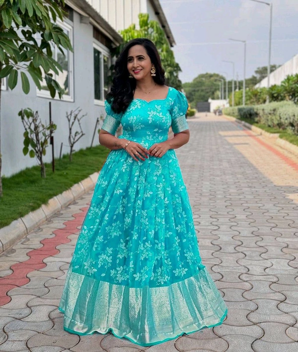 Azorte Fashion Trending Full-Stitched Organza Gown with Foil Work – Perfect for Festive Wear - Viking, M Upto L