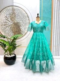 Azorte Fashion Trending Full-Stitched Organza Gown with Foil Work – Perfect for Festive Wear - Viking, M Upto L