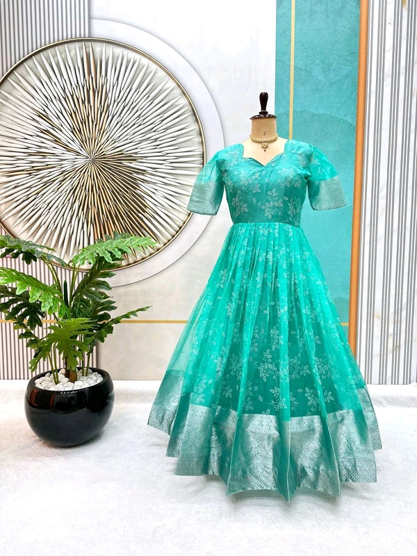 Azorte Fashion Trending Full-Stitched Organza Gown with Foil Work – Perfect for Festive Wear - Viking, M Upto L