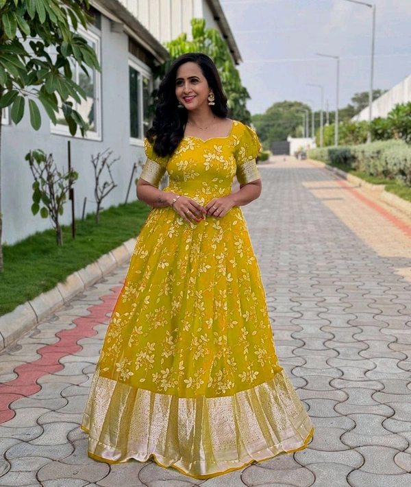 Azorte Fashion Trending Full-Stitched Organza Gown with Foil Work – Perfect for Festive Wear - Bright Sun, XXL (44)