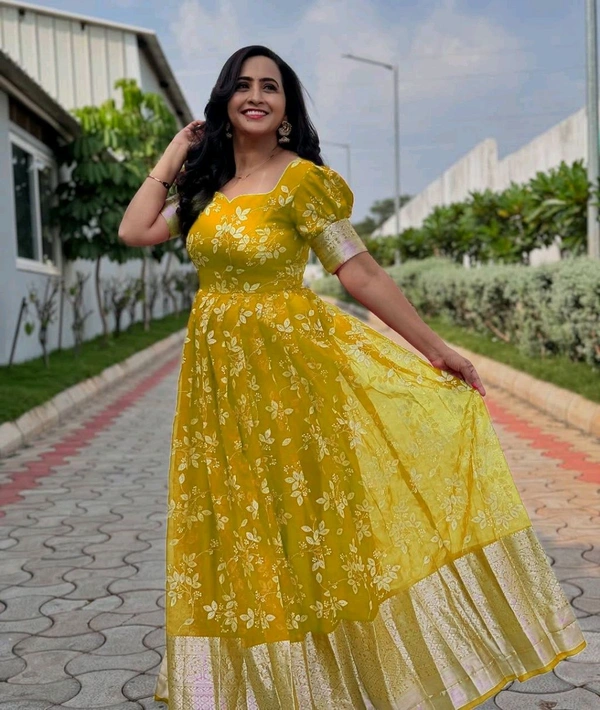 Azorte Fashion Trending Full-Stitched Organza Gown with Foil Work – Perfect for Festive Wear - Bright Sun, XXL (44)