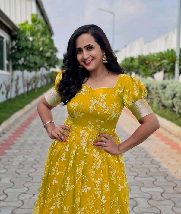 Azorte Fashion Trending Full-Stitched Organza Gown with Foil Work – Perfect for Festive Wear - Bright Sun, XXL (44)