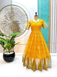 Azorte Fashion Trending Full-Stitched Organza Gown with Foil Work – Perfect for Festive Wear - Bright Sun, XXL (44)