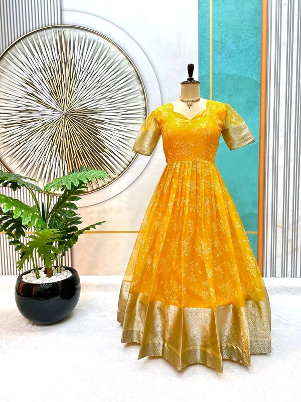 Azorte Fashion Trending Full-Stitched Organza Gown with Foil Work – Perfect for Festive Wear - Bright Sun, XXL (44)