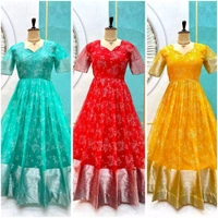 Azorte Fashion Trending Full-Stitched Organza Gown with Foil Work – Perfect for Festive Wear - Viking, XL Upto XXL