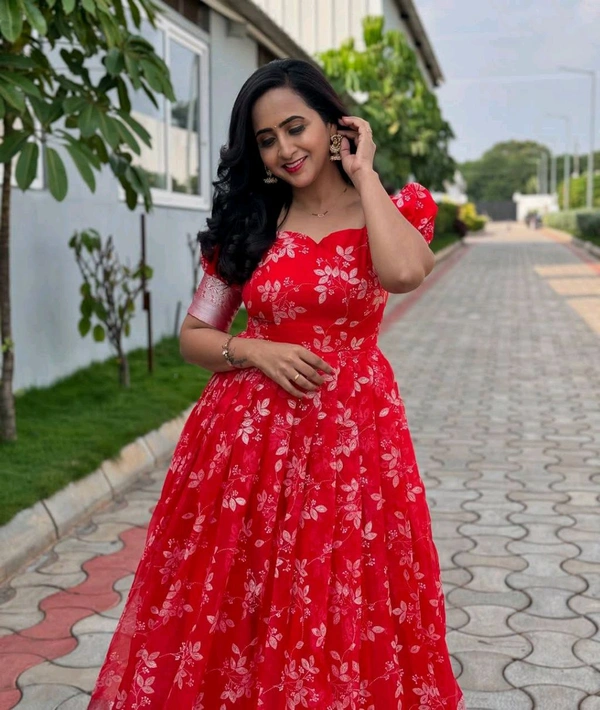 Azorte Fashion Trending Full-Stitched Organza Gown with Foil Work – Perfect for Festive Wear - Wild Watermelon, L