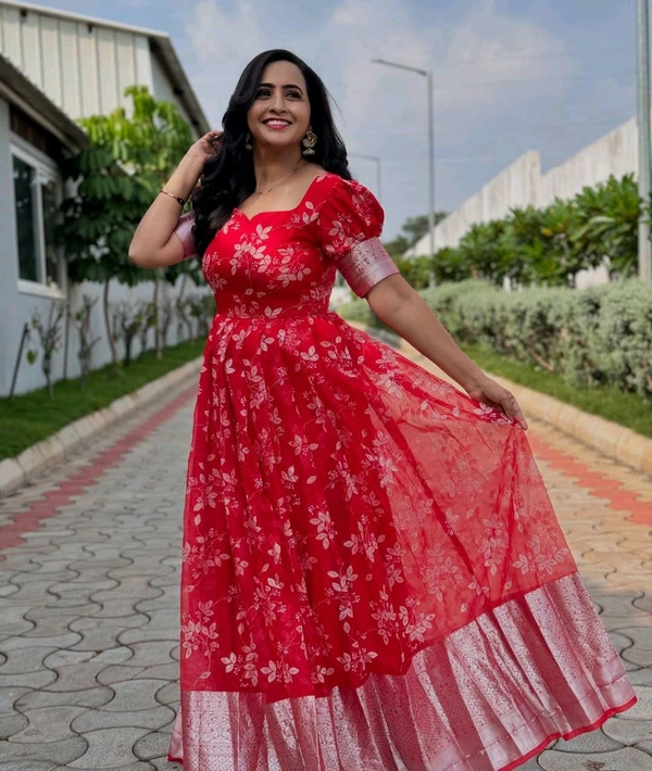 Azorte Fashion Trending Full-Stitched Organza Gown with Foil Work – Perfect for Festive Wear - Wild Watermelon, L