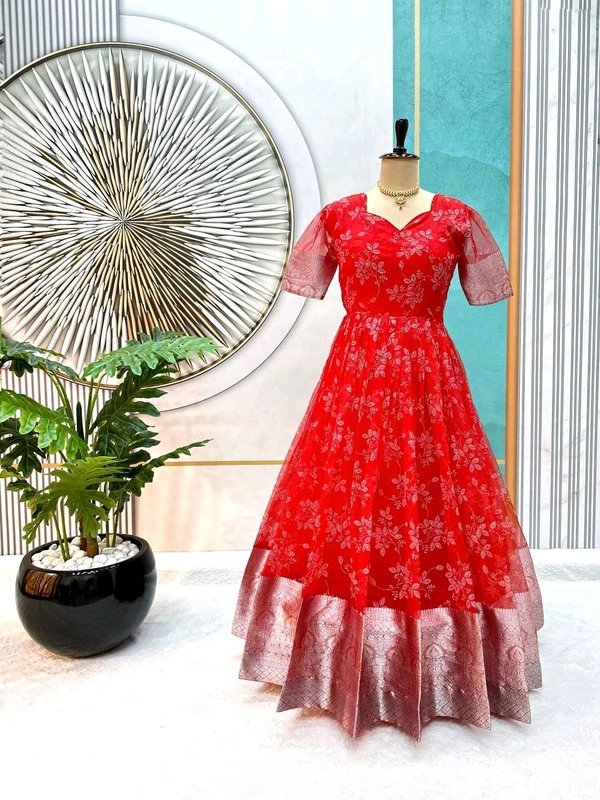 Azorte Fashion Trending Full-Stitched Organza Gown with Foil Work – Perfect for Festive Wear - Wild Watermelon, L