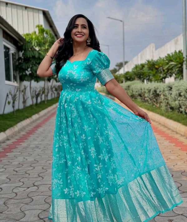 Azorte Fashion Trending Full-Stitched Organza Gown with Foil Work – Perfect for Festive Wear - Viking, Fully Stitched