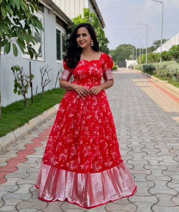 Azorte Fashion Trending Full-Stitched Organza Gown with Foil Work – Perfect for Festive Wear - Wild Watermelon, XL