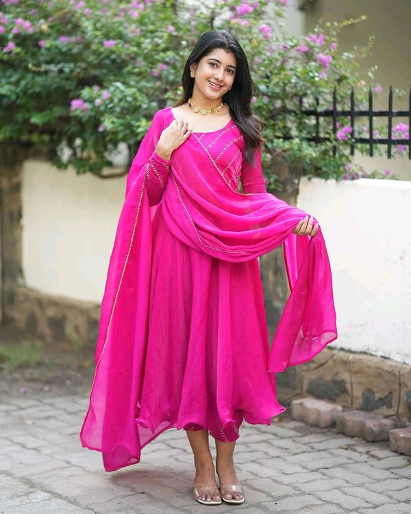 Azorte Fashion Trending Jimmy Choo Stitched Gown with Sequins Embroidery & Dupatta - Magenta / Fuchsia, M