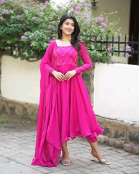 Azorte Fashion Trending Jimmy Choo Stitched Gown with Sequins Embroidery & Dupatta - Magenta / Fuchsia, M