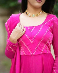 Azorte Fashion Trending Jimmy Choo Stitched Gown with Sequins Embroidery & Dupatta - Magenta / Fuchsia, M