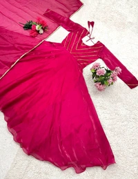 Azorte Fashion Trending Jimmy Choo Stitched Gown with Sequins Embroidery & Dupatta - Magenta / Fuchsia, M