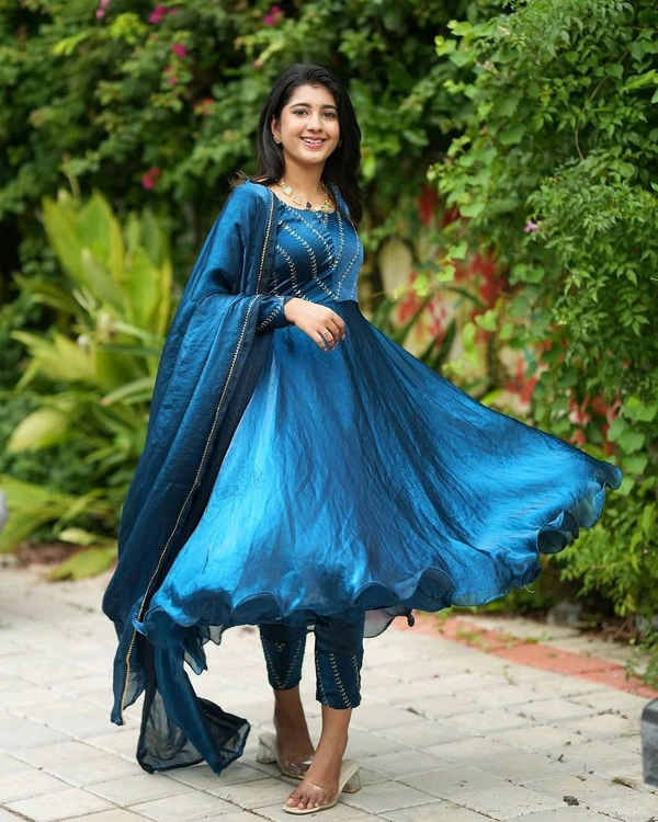 Azorte Fashion Trending Jimmy Choo Stitched Gown with Sequins Embroidery & Dupatta - Teal, XXL