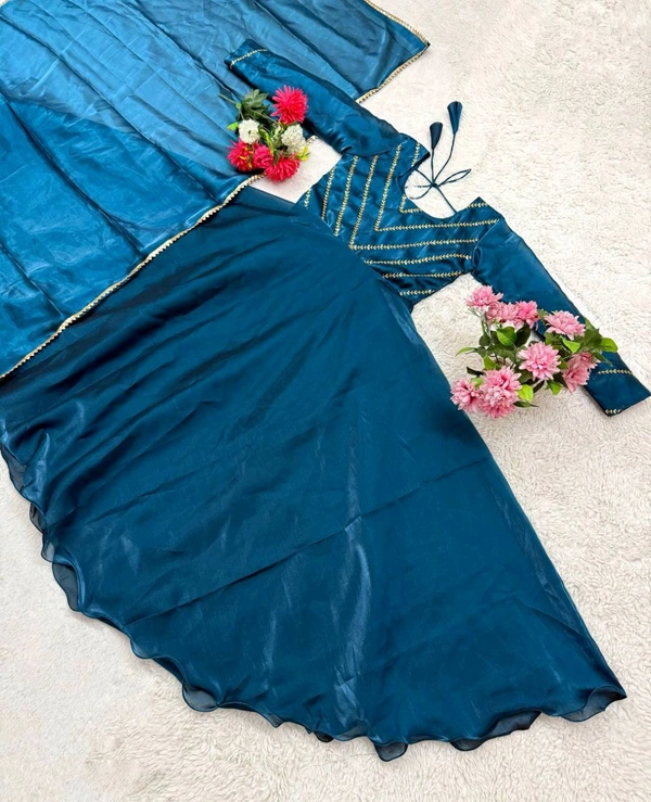 Azorte Fashion Trending Jimmy Choo Stitched Gown with Sequins Embroidery & Dupatta - Teal, XXL