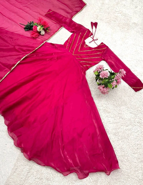 Azorte Fashion Trending Jimmy Choo Stitched Gown with Sequins Embroidery & Dupatta - Magenta / Fuchsia, L
