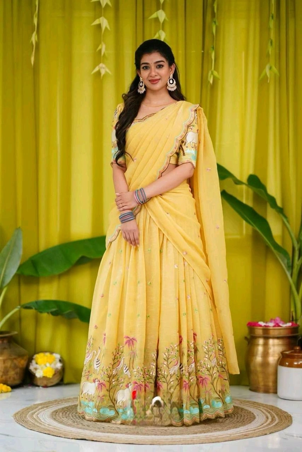 Azorte Fashion Trending Designer Gold Crush Lehenga with Embroidery Work - Gold, M
