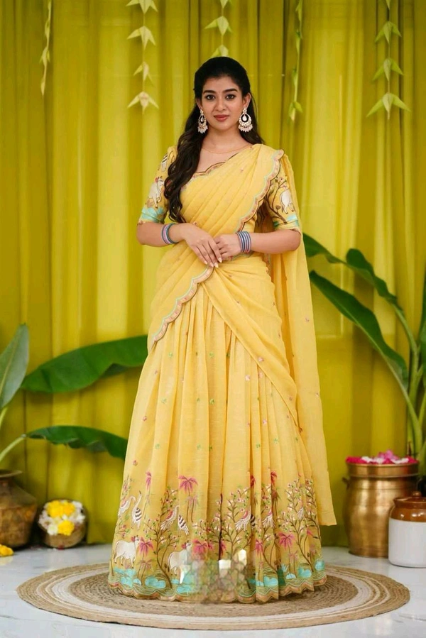 Azorte Fashion Trending Designer Gold Crush Lehenga with Embroidery Work - Gold, M