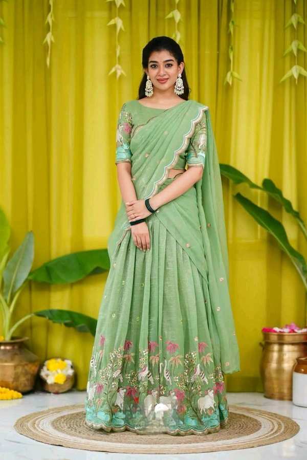 Azorte Fashion Trending Designer Gold Crush Lehenga with Embroidery Work - Green, L