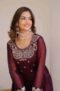 Azorte Fashion New Festival Special Pure Burberry Silk Gown with Embroidery Work & Dupatta - Mardi Gras, XXL