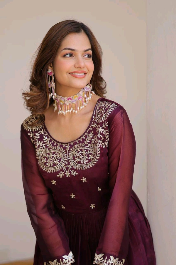 Azorte Fashion New Festival Special Pure Burberry Silk Gown with Embroidery Work & Dupatta - Mardi Gras, XXL