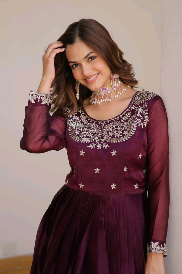 Azorte Fashion New Festival Special Pure Burberry Silk Gown with Embroidery Work & Dupatta - Mardi Gras, XXL