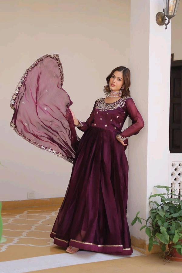 Azorte Fashion New Festival Special Pure Burberry Silk Gown with Embroidery Work & Dupatta - Mardi Gras, XXL