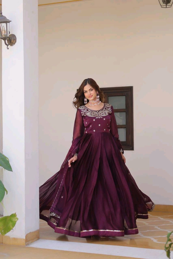 Azorte Fashion New Festival Special Pure Burberry Silk Gown with Embroidery Work & Dupatta - Mardi Gras, L