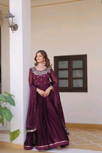 Azorte Fashion New Festival Special Pure Burberry Silk Gown with Embroidery Work & Dupatta - Mardi Gras, L