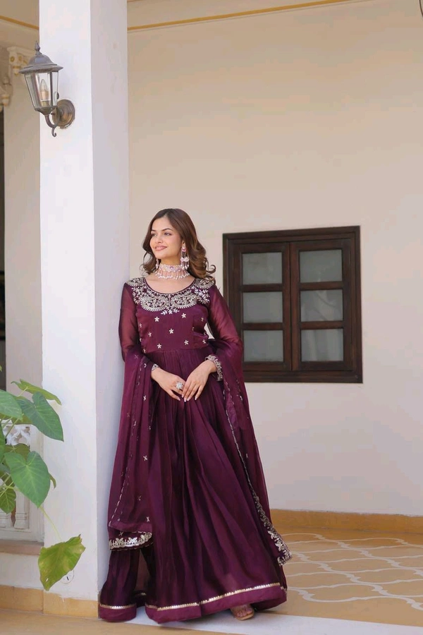 Azorte Fashion New Festival Special Pure Burberry Silk Gown with Embroidery Work & Dupatta - Mardi Gras, L