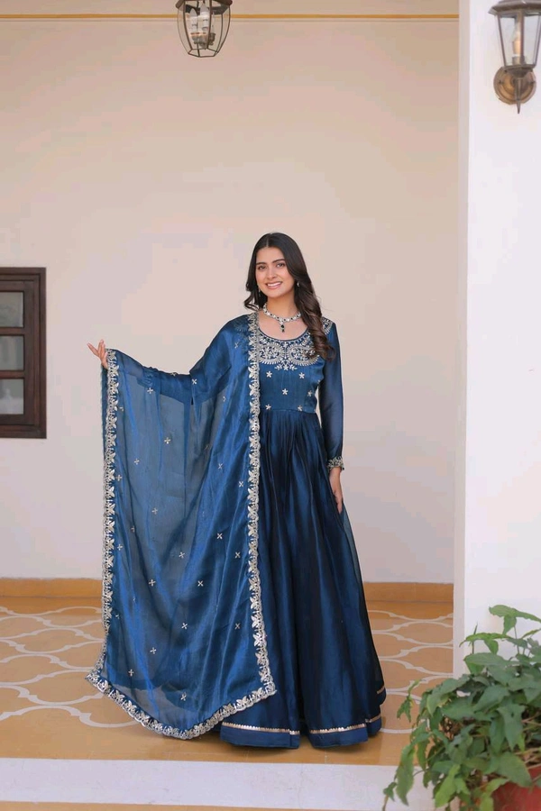 Azorte Fashion New Festival Special Pure Burberry Silk Gown with Embroidery Work & Dupatta - Navy Blue, XL