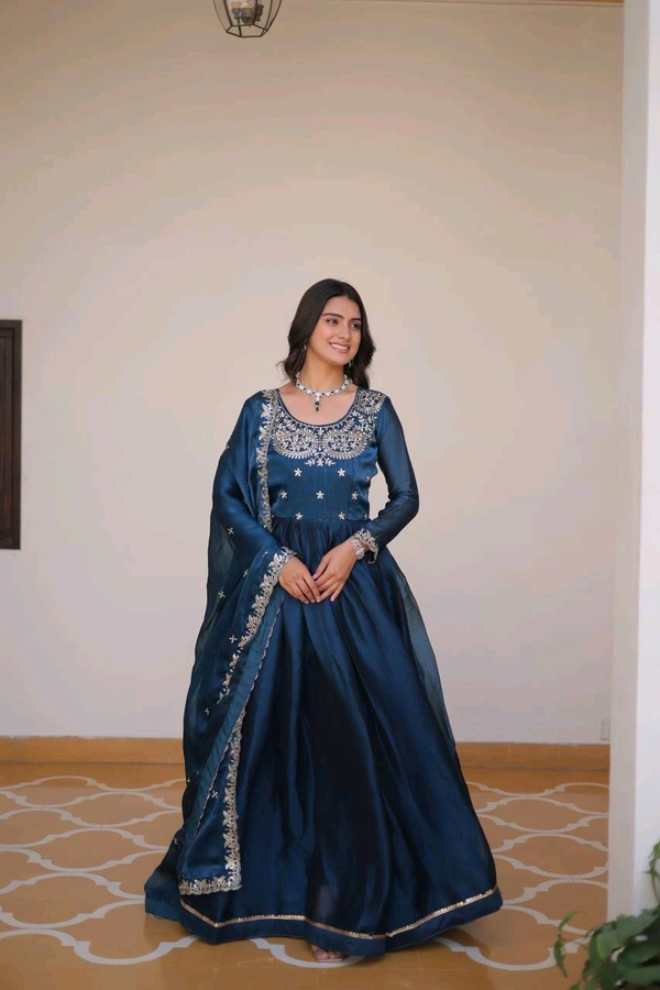 Azorte Fashion New Festival Special Pure Burberry Silk Gown with Embroidery Work & Dupatta - Navy Blue, XL