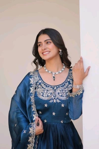 Azorte Fashion New Festival Special Pure Burberry Silk Gown with Embroidery Work & Dupatta - Navy Blue, XL