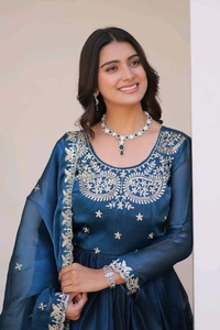 Azorte Fashion New Festival Special Pure Burberry Silk Gown with Embroidery Work & Dupatta - Navy Blue, XL