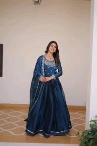 Azorte Fashion New Festival Special Pure Burberry Silk Gown with Embroidery Work & Dupatta - Navy Blue, XL