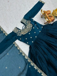 Azorte Fashion New Festival Special Pure Burberry Silk Gown with Embroidery Work & Dupatta - Navy Blue, XL
